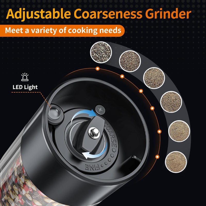 Lidaop 2Pack Electric Salt and Pepper Grinder Set USB Rechargeable with Warm LED Light, Adjustable Coarseness Large Capacity Automatic Salt Pepper Mill Shakers for Kitchen, Restaurant, Upgrade Black - Image 3